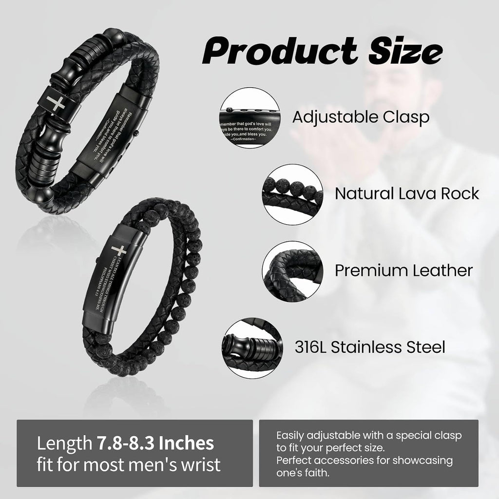✝ 2 Pack Men's Christian Cross Bracelets Braided Leather Bible Verse Faith Gifts for Him
