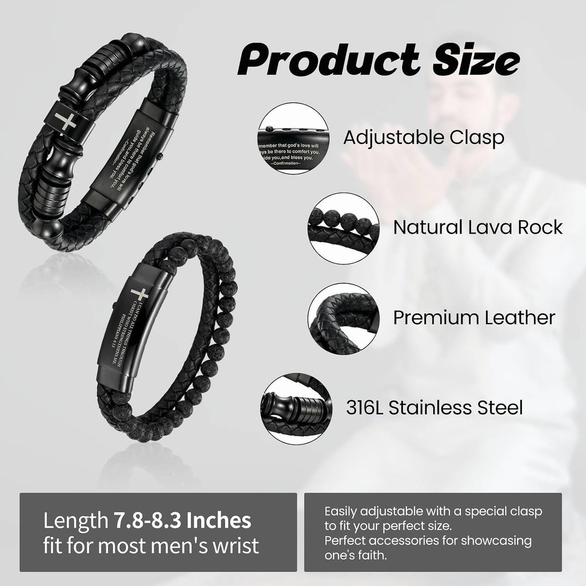 ✝ 2 Pack Men's Christian Cross Bracelets Braided Leather Bible Verse Faith Gifts for Him