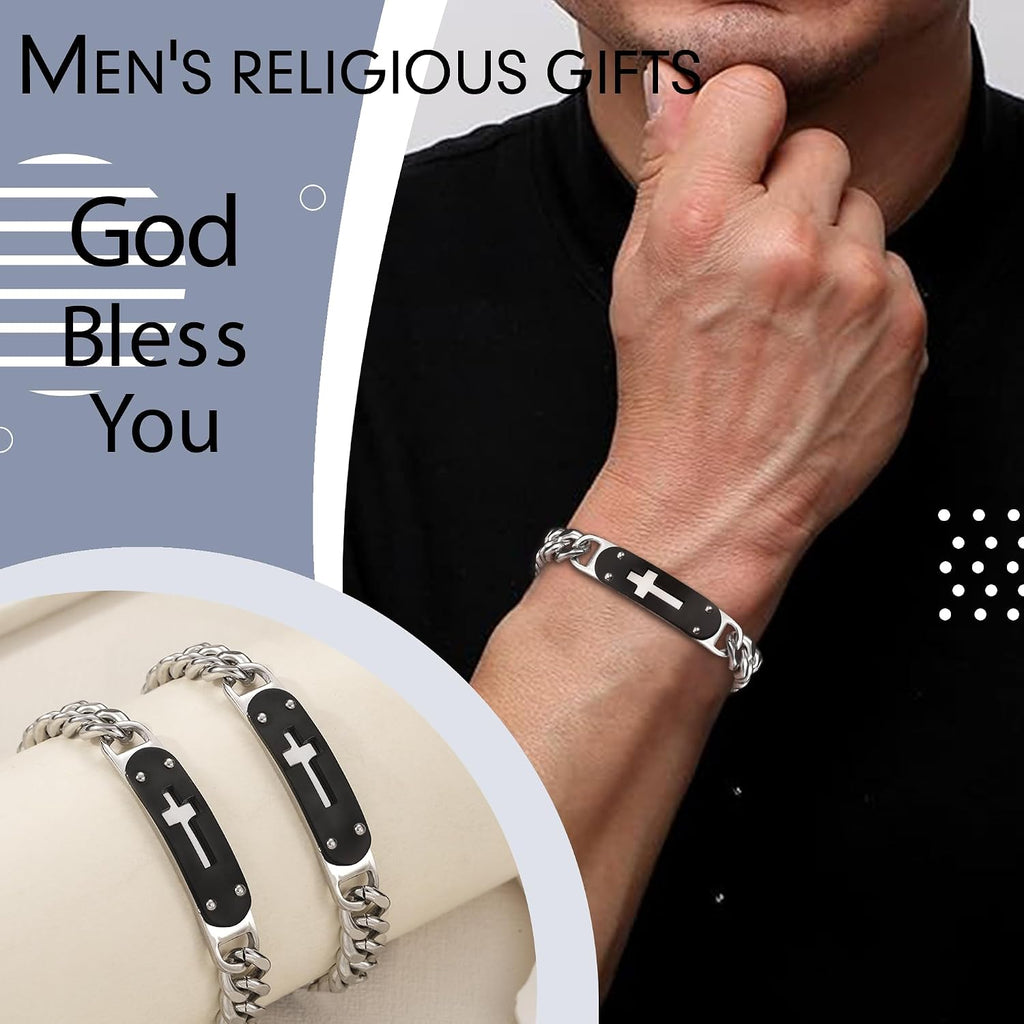 ✝ Men's Cross Cuban Link Bracelet Christian Faith Stainless Steel Baptism Communion Gift for Him