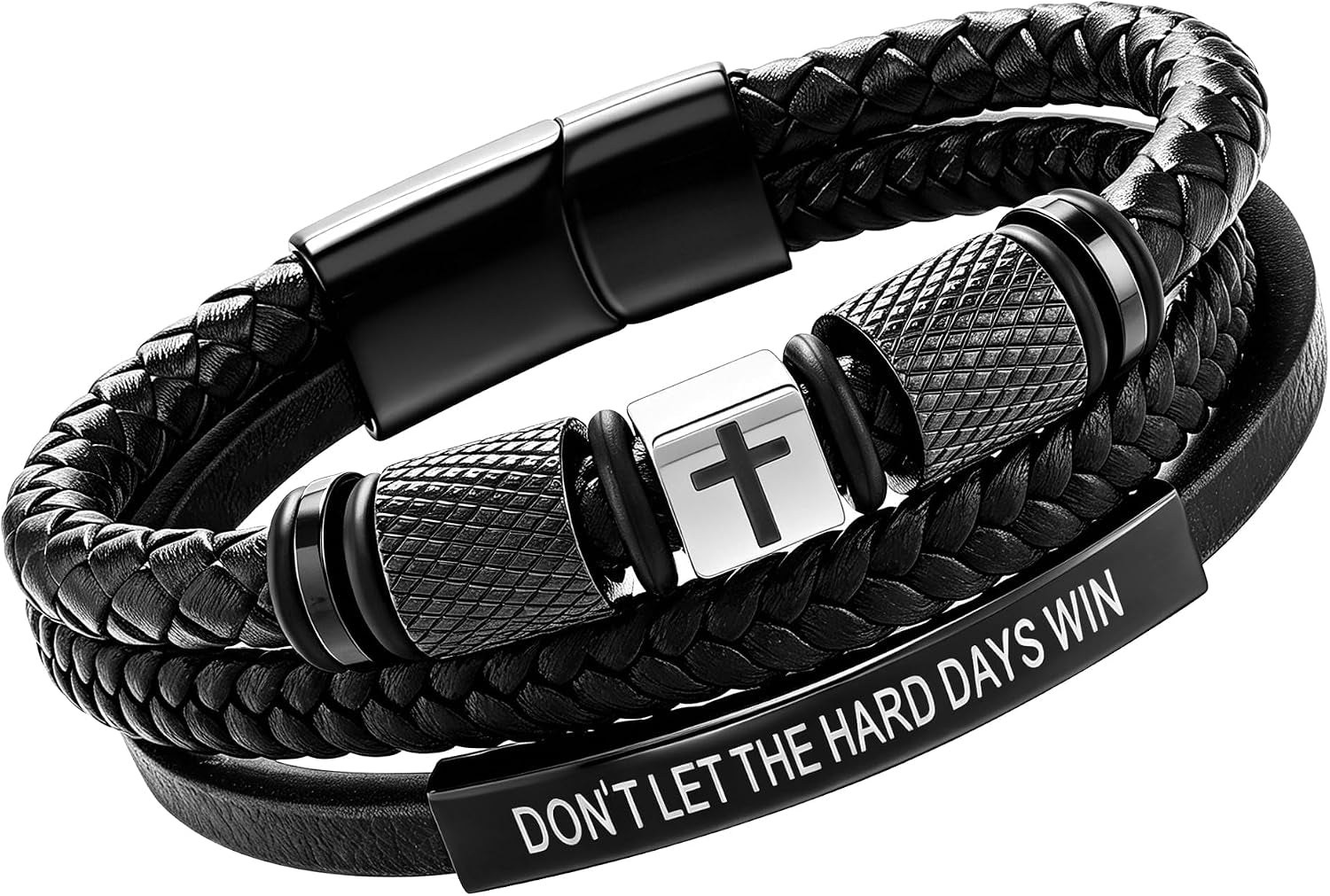 ✝ Men's Leather Cross Bracelet Faith Over Fear Christian Jewelry Gift for Dad Husband Son Brother