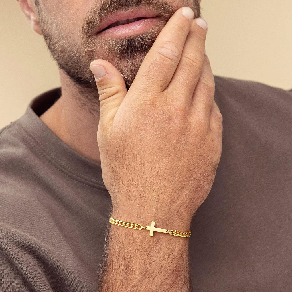 ✝ Men's Gold Cross Bracelet Cuban Link Christian Faith Stainless Steel Religious Jewelry Gift