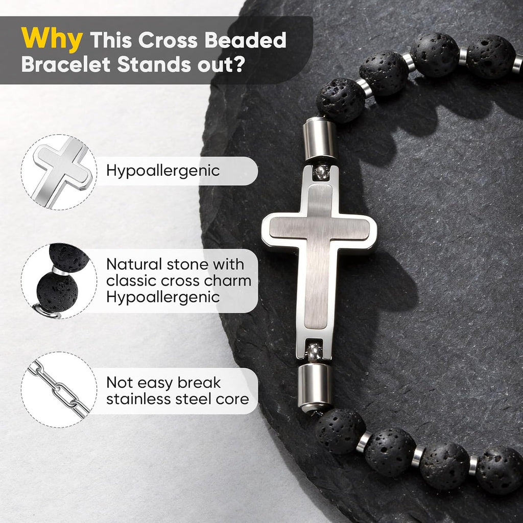 Christian Cross Bracelet for Men : Tiger Eye/Black Agate/Lava/Wood Bead Bracelets,Adjustable Stainless Steel Religious Cross Chain,Mens Jewelry Gift for Birthday Anniversary Boyfriend Husband Dad Him