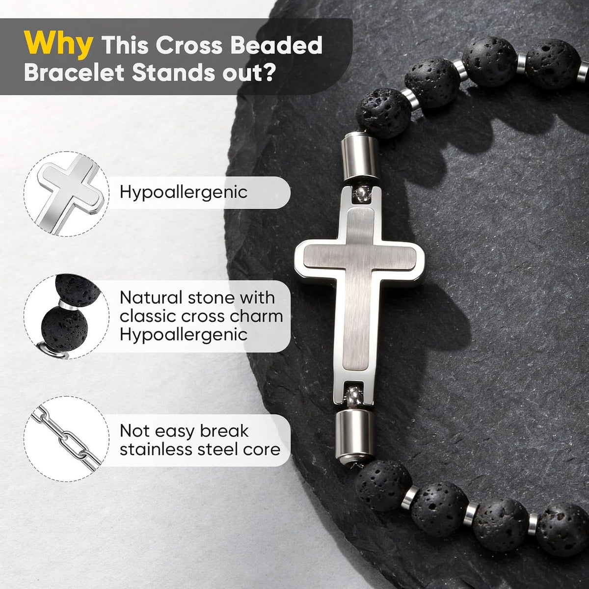 Christian Cross Bracelet for Men : Tiger Eye/Black Agate/Lava/Wood Bead Bracelets,Adjustable Stainless Steel Religious Cross Chain,Mens Jewelry Gift for Birthday Anniversary Boyfriend Husband Dad Him