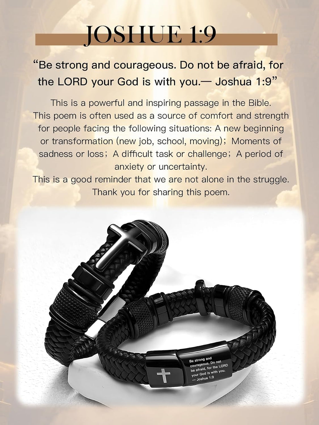Men's Black Cross Cuff Bracelet Philippians 4:13 Stainless Steel Braided Leather Bible Verse
