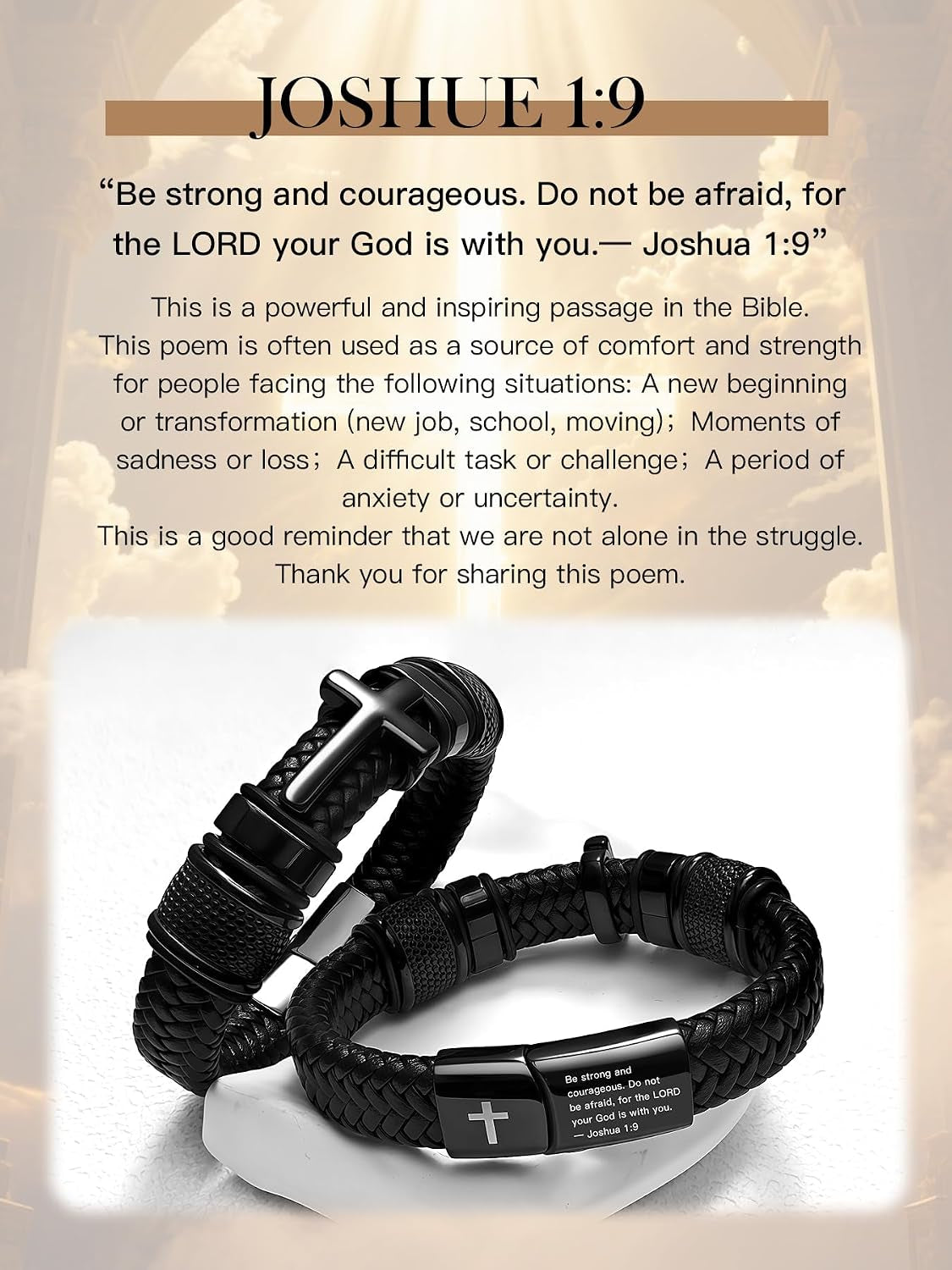 Men's Black Cross Cuff Bracelet Philippians 4:13 Stainless Steel Braided Leather Bible Verse