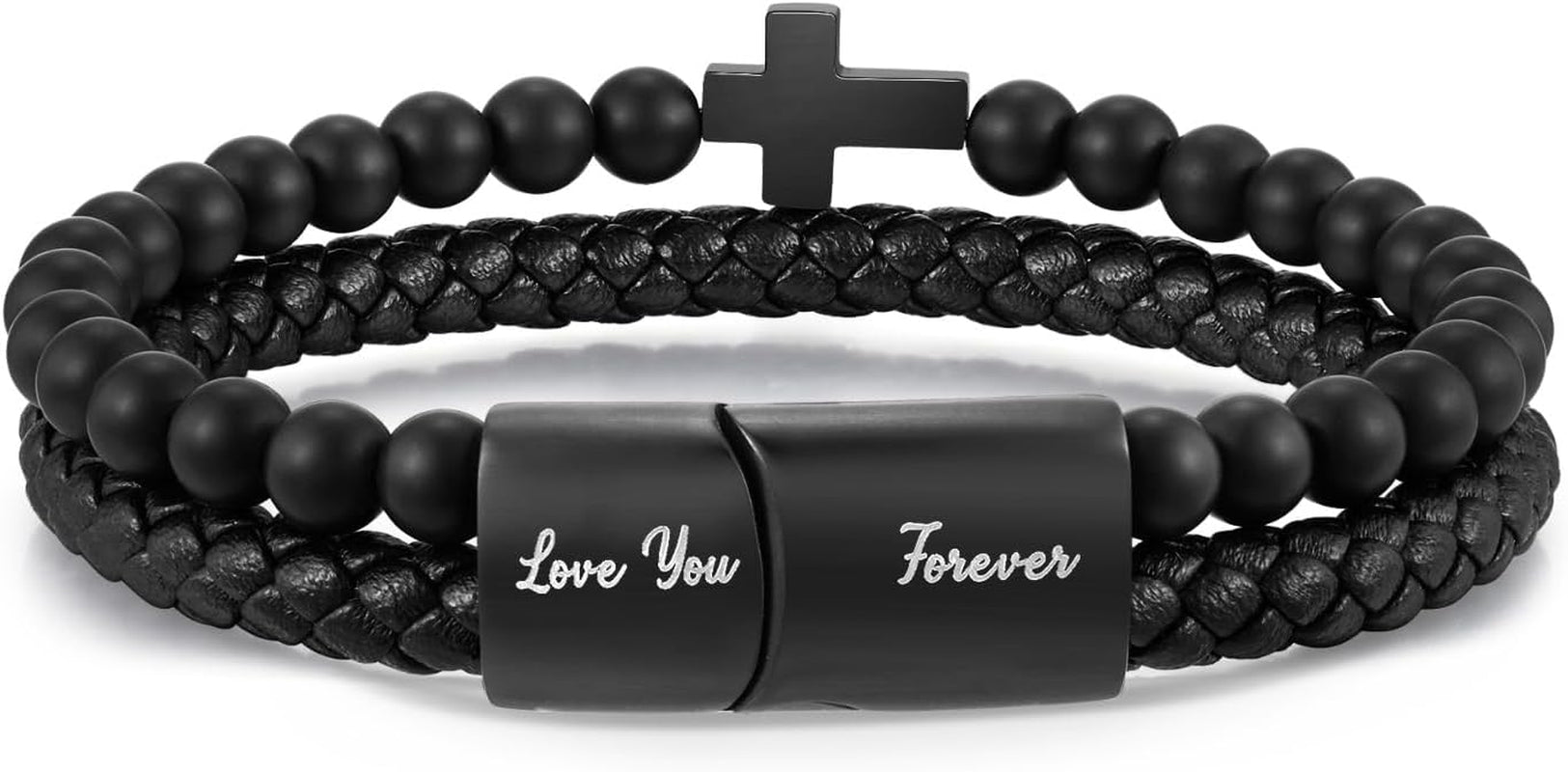 Men'S Cross Bracelet for Men - Bible Verse Bead Rosary Braided Black Genuine Leather Bracelets, Bangle Engraved Love You Forever, Christian Catholic Religious Jewelry Christmas Gifts Ideas for Man