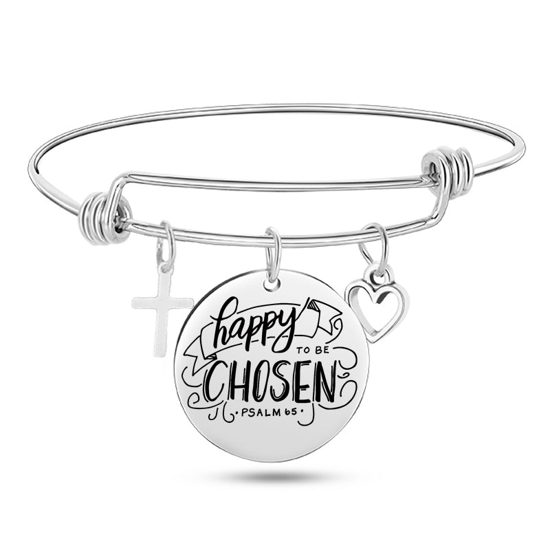 Silver bracelet with circular charm featuring 'Happy to be Chosen' text on a white background
