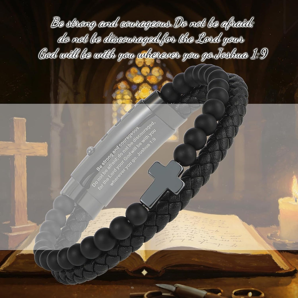 ✝ Men's Christian Cross Bracelet, Joshua 1:9 Bible Verse, Adjustable Braided Faith Jewelry Gift
