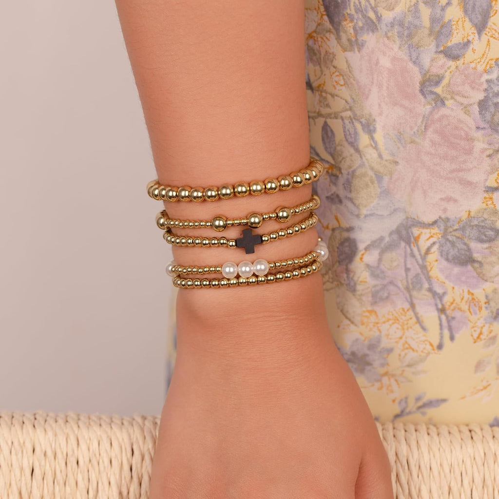 Gold Beaded Pearl Cross Bracelet Set 5-Piece Christian Stretch Jewelry Stackable Faith Gift for Women