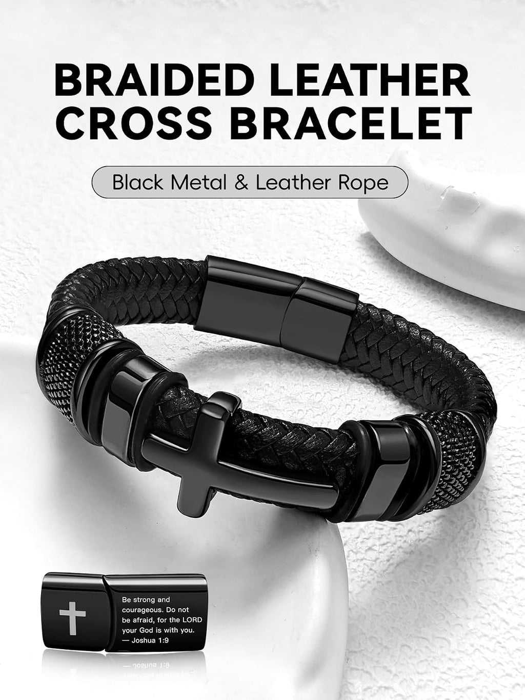 Men's Black Cross Cuff Bracelet Philippians 4:13 Stainless Steel Braided Leather Bible Verse
