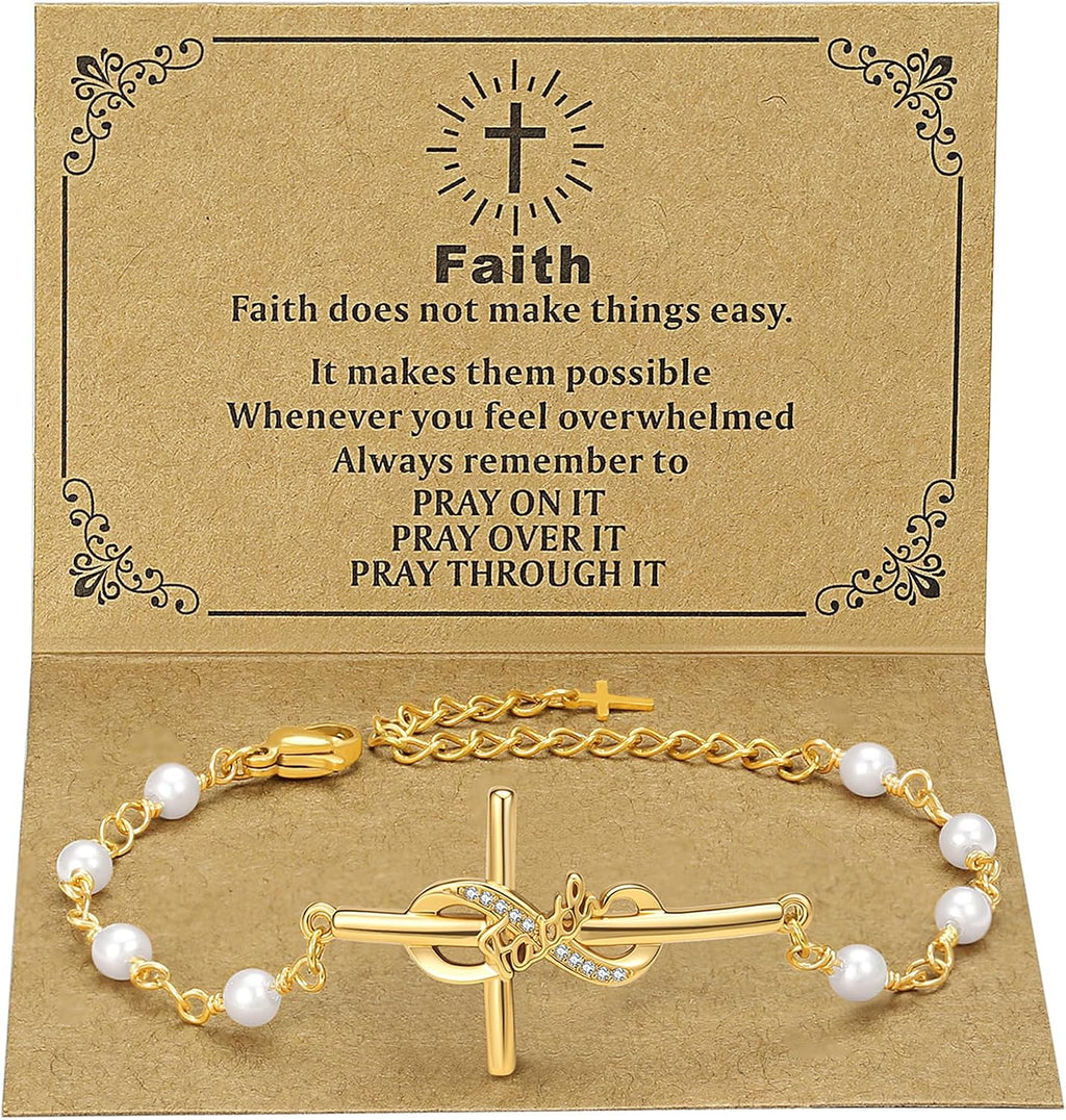 ✝ Women's 18K Gold Faith Cross Bracelet Stainless Steel Pearl Chain Christian Religious Jewelry Inspirational Gift for Mom