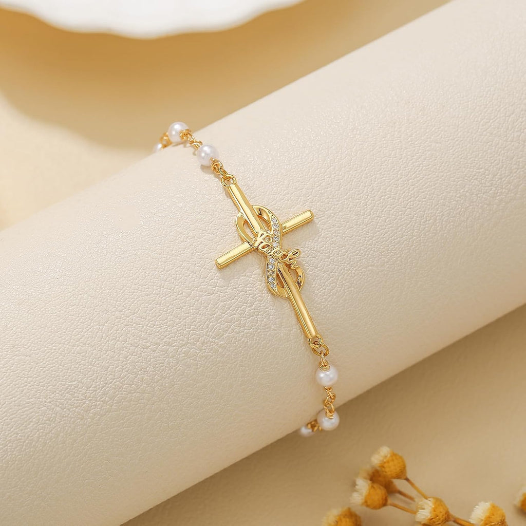 ✝ Women's 18K Gold Faith Cross Bracelet Stainless Steel Pearl Chain Christian Religious Jewelry Inspirational Gift for Mom