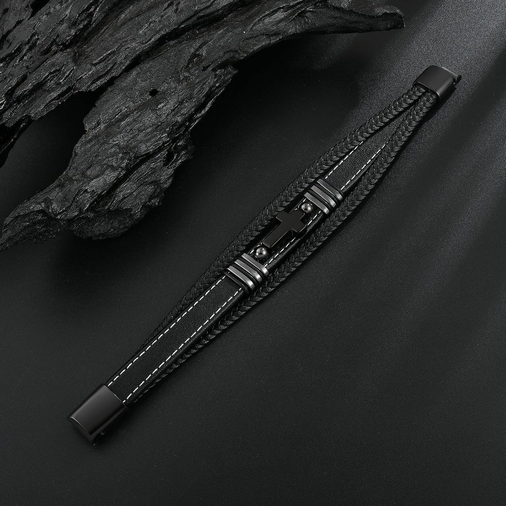 Cross Leather Bracelet for Men Multilayer Braided Memorial Wristband Bangle Stainless Steel Buckle Religious Activities Holiday Gifts