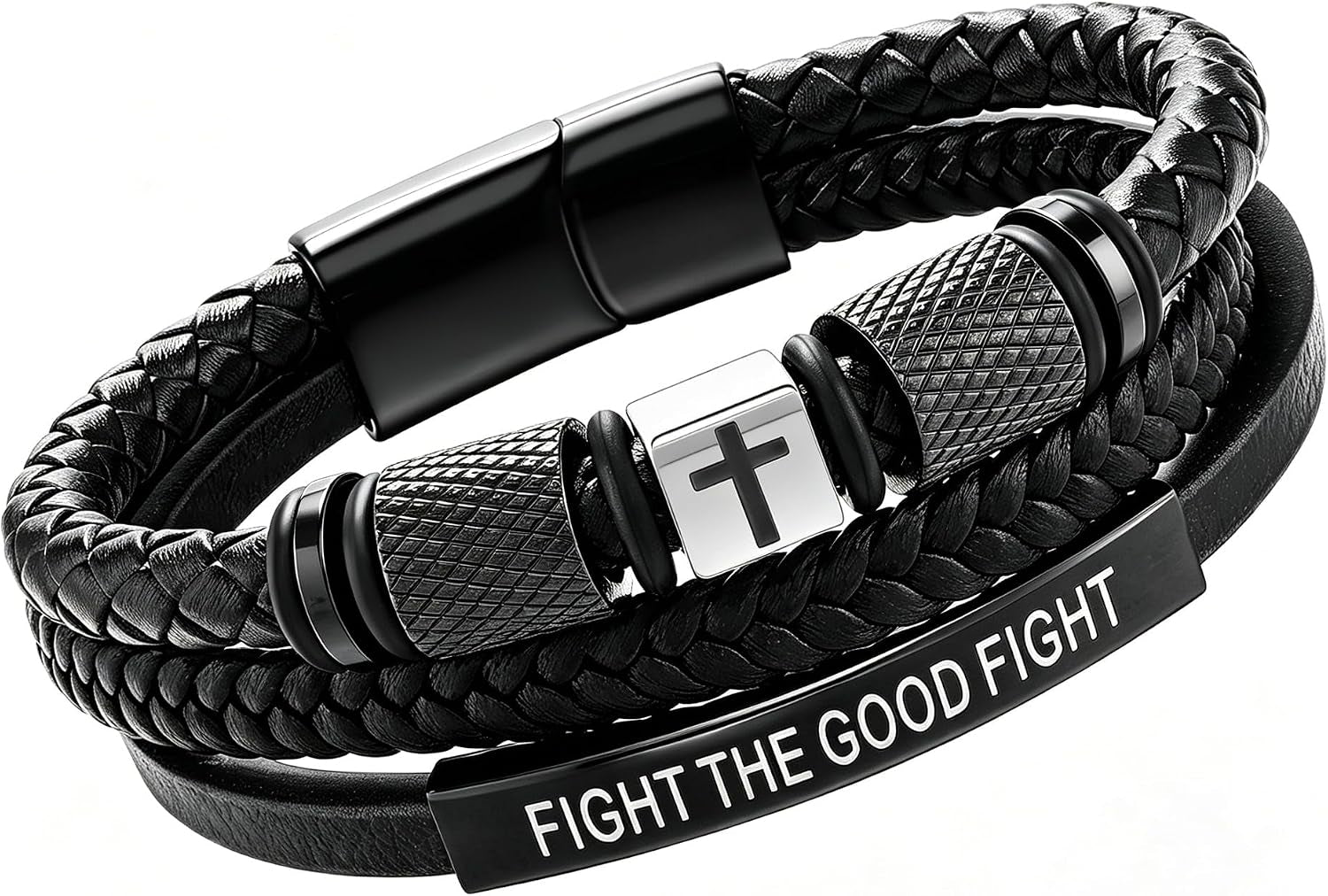 ✝ Men's Leather Cross Bracelet Faith Over Fear Christian Jewelry Gift for Dad Husband Son Brother