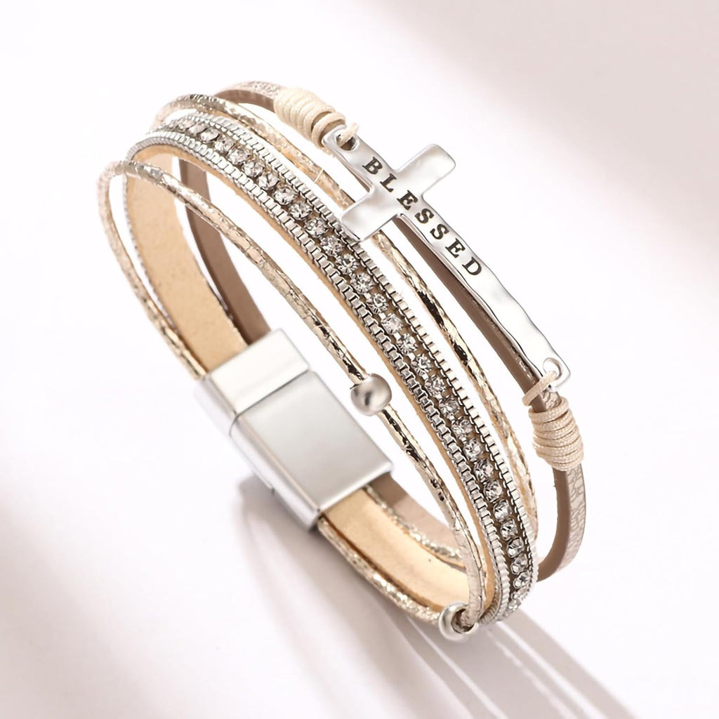 ✝ Blessed Cross Leather Wrap Bracelet for Women Boho Western Stacked Cuff Christian Faith Jewelry Gift