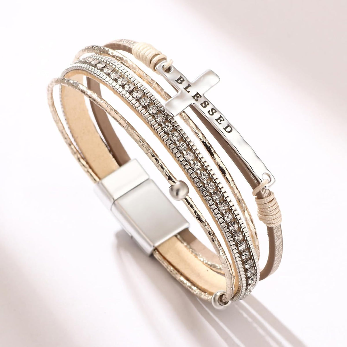 ✝ Blessed Cross Leather Wrap Bracelet for Women Boho Western Stacked Cuff Christian Faith Jewelry Gift