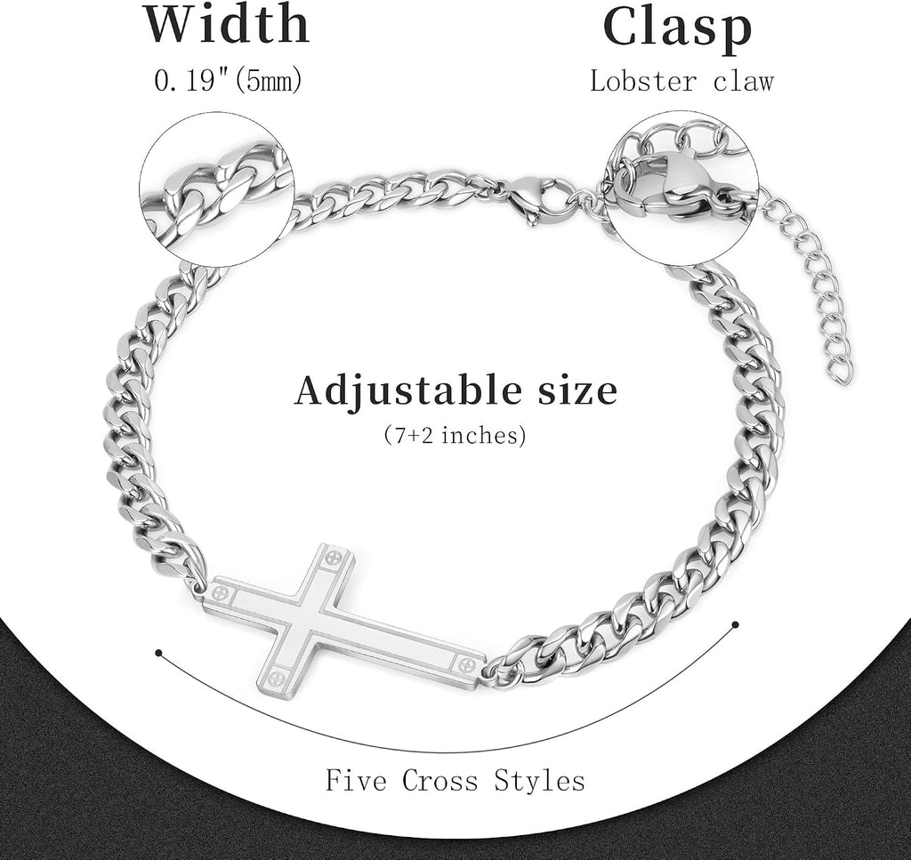 ✝ Men's Stainless Steel Cuban Cross Bracelet 5MM Adjustable Chain Christian Jesus Religious Confirmation Faith Jewelry Gift