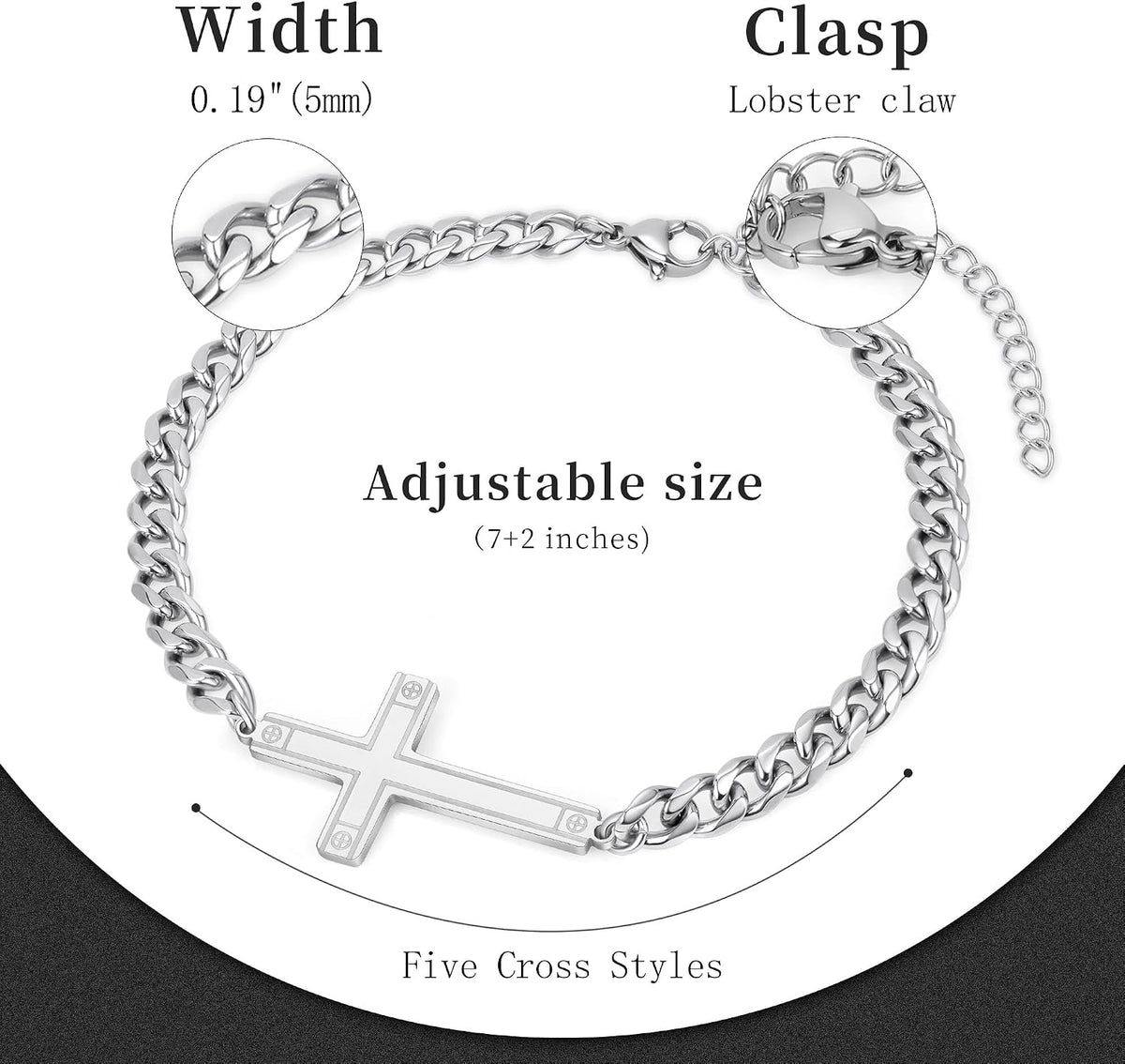✝ Men's Stainless Steel Cuban Cross Bracelet 5MM Adjustable Chain Christian Jesus Religious Confirmation Faith Jewelry Gift