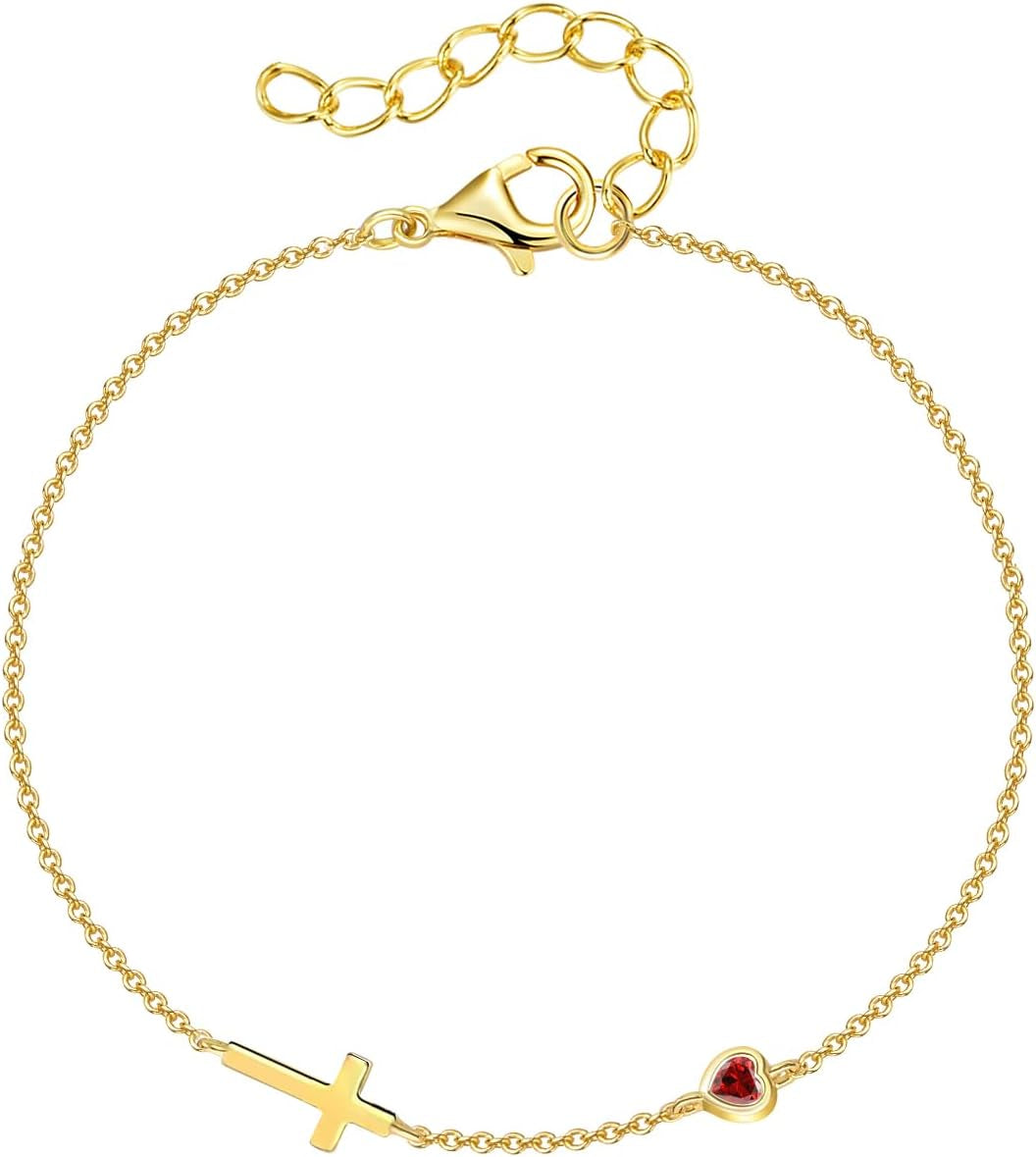 Women's 14K Gold Plated Cross Birthstone Bracelet Aquamarine Christian Jewelry Gift for Mom Wife Grandma
