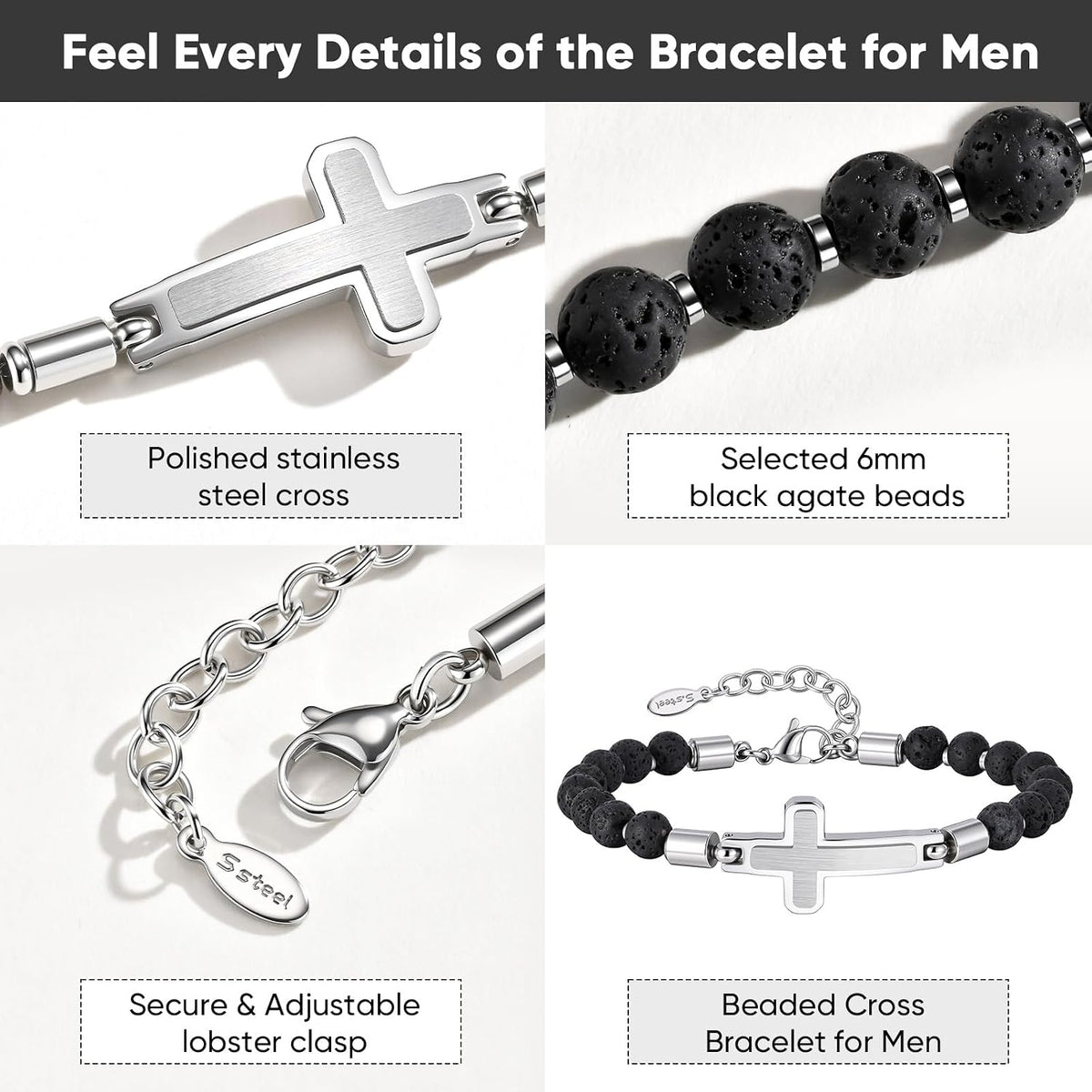 Christian Cross Bracelet for Men : Tiger Eye/Black Agate/Lava/Wood Bead Bracelets,Adjustable Stainless Steel Religious Cross Chain,Mens Jewelry Gift for Birthday Anniversary Boyfriend Husband Dad Him