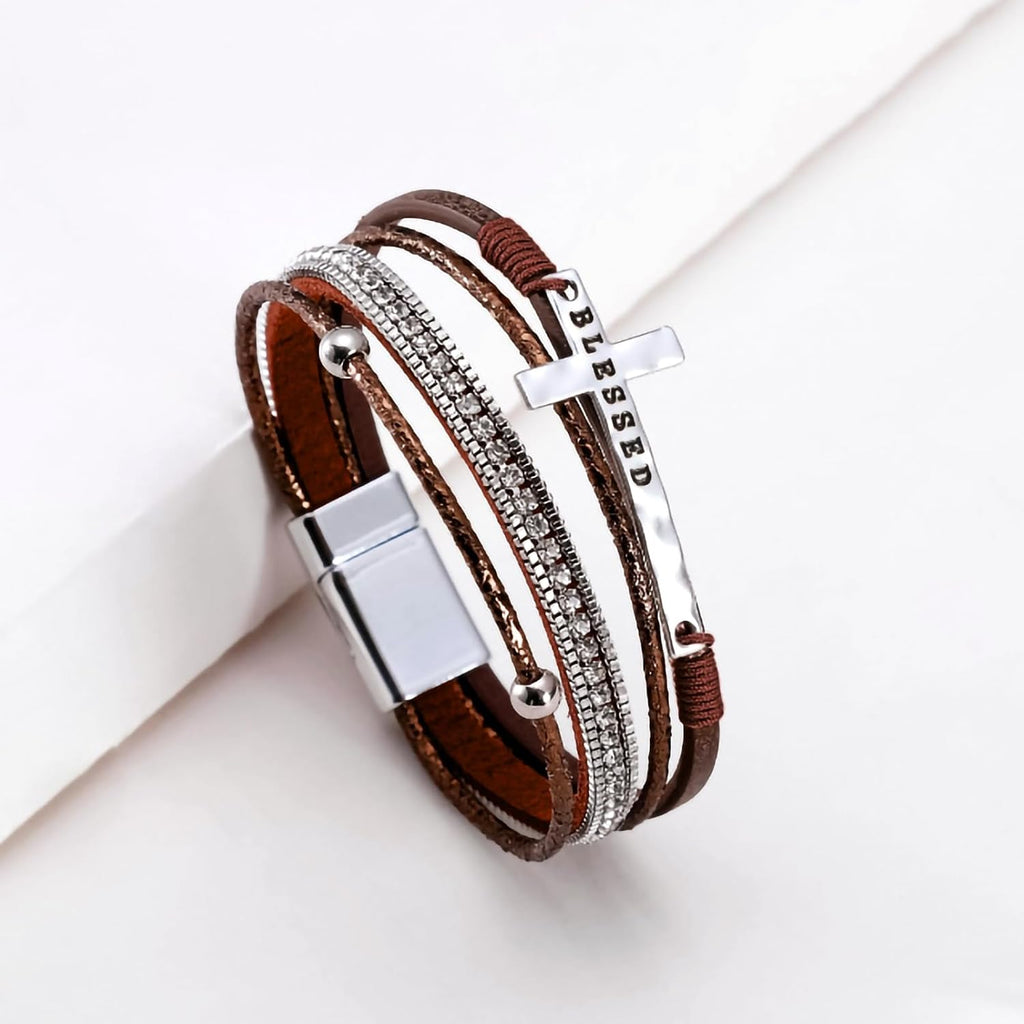 ✝ Women's Brown Leather Wrap Bracelet Boho Western Stacked Cuff Christian Cross Jewelry Gift for Women