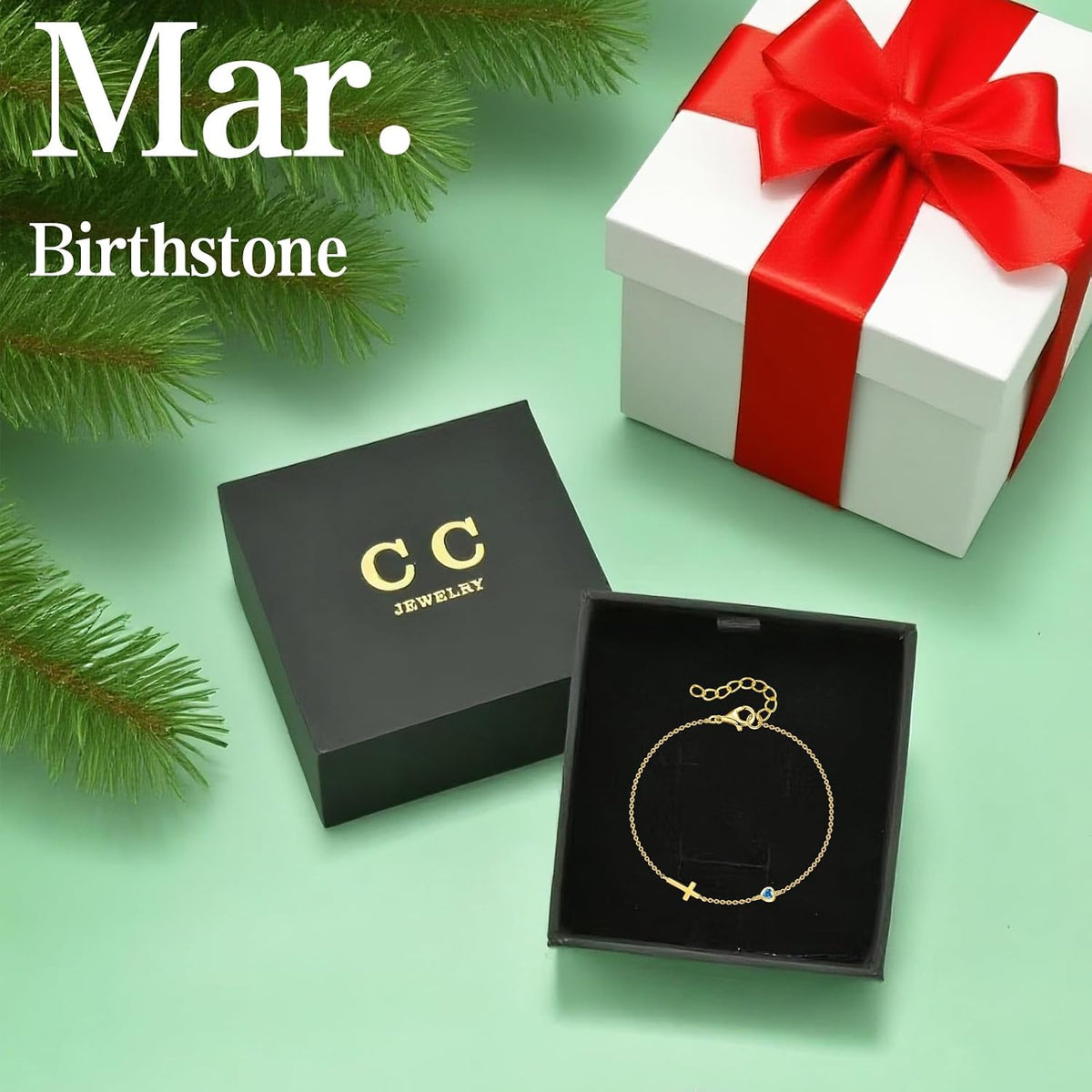 Women's 14K Gold Plated Cross Birthstone Bracelet Aquamarine Christian Jewelry Gift for Mom Wife Grandma