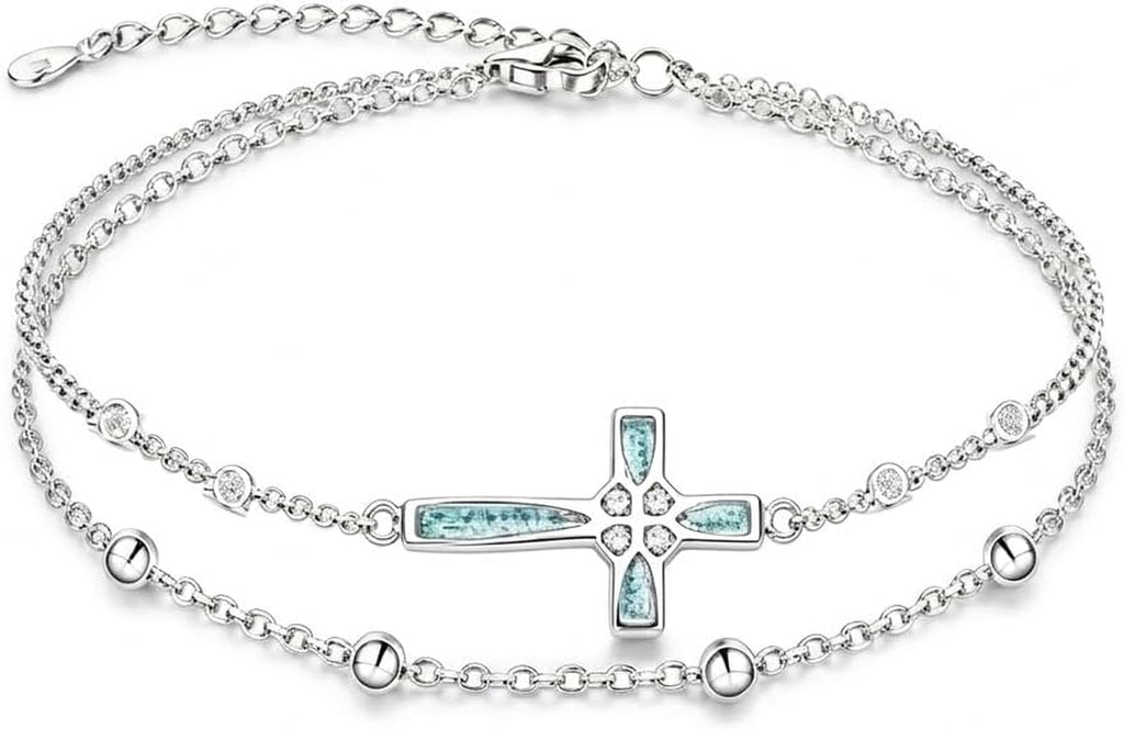 Women's 18K White Gold Plated Turquoise Cross Bracelet Christian Faith Jewelry Gift for Mom Grandma Girlfriend