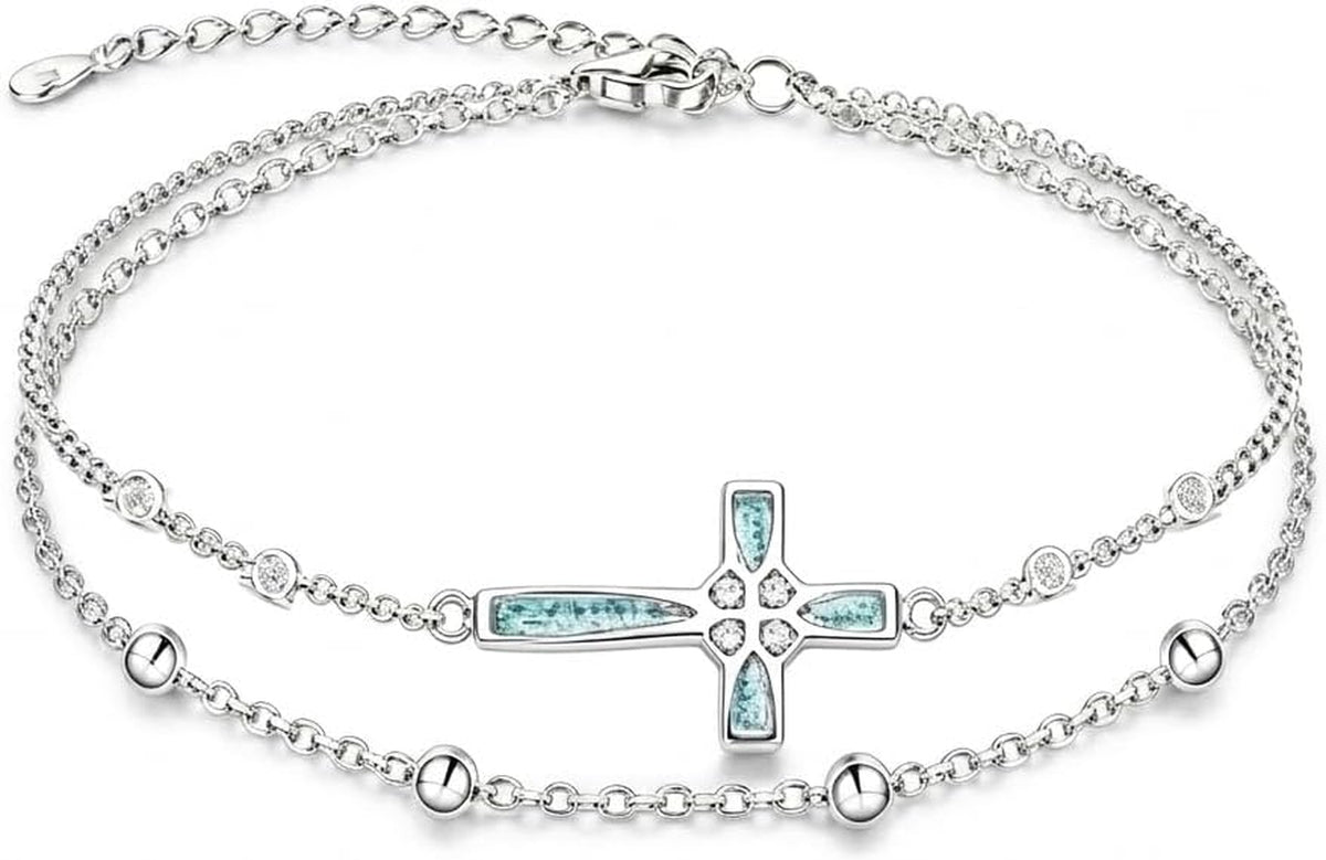 Women's 18K White Gold Plated Turquoise Cross Bracelet Christian Faith Jewelry Gift for Mom Grandma Girlfriend