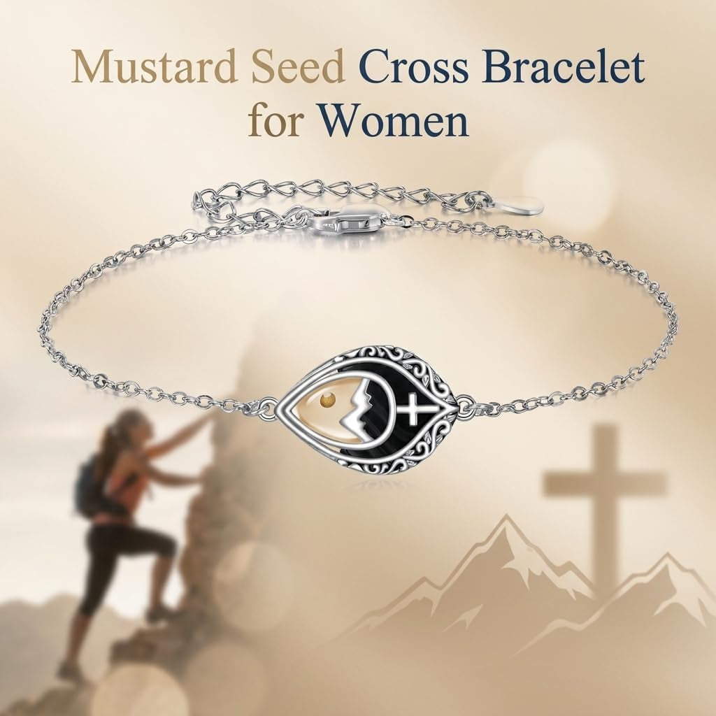 Women's Mustard Seed Cross Bracelet Sterling Silver Black Onyx Christian Faith Jewelry Gift for Mom