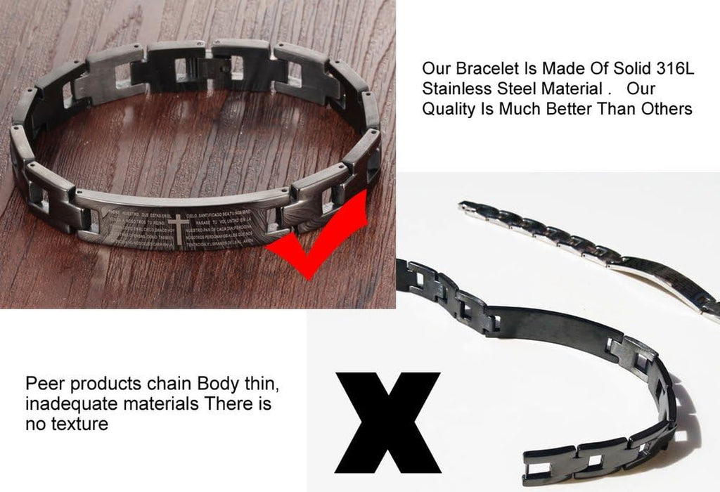 ✝ Spanish English Lord's Prayer Cross Bracelet for Men, Christian Bible Scripture Faith Jewelry