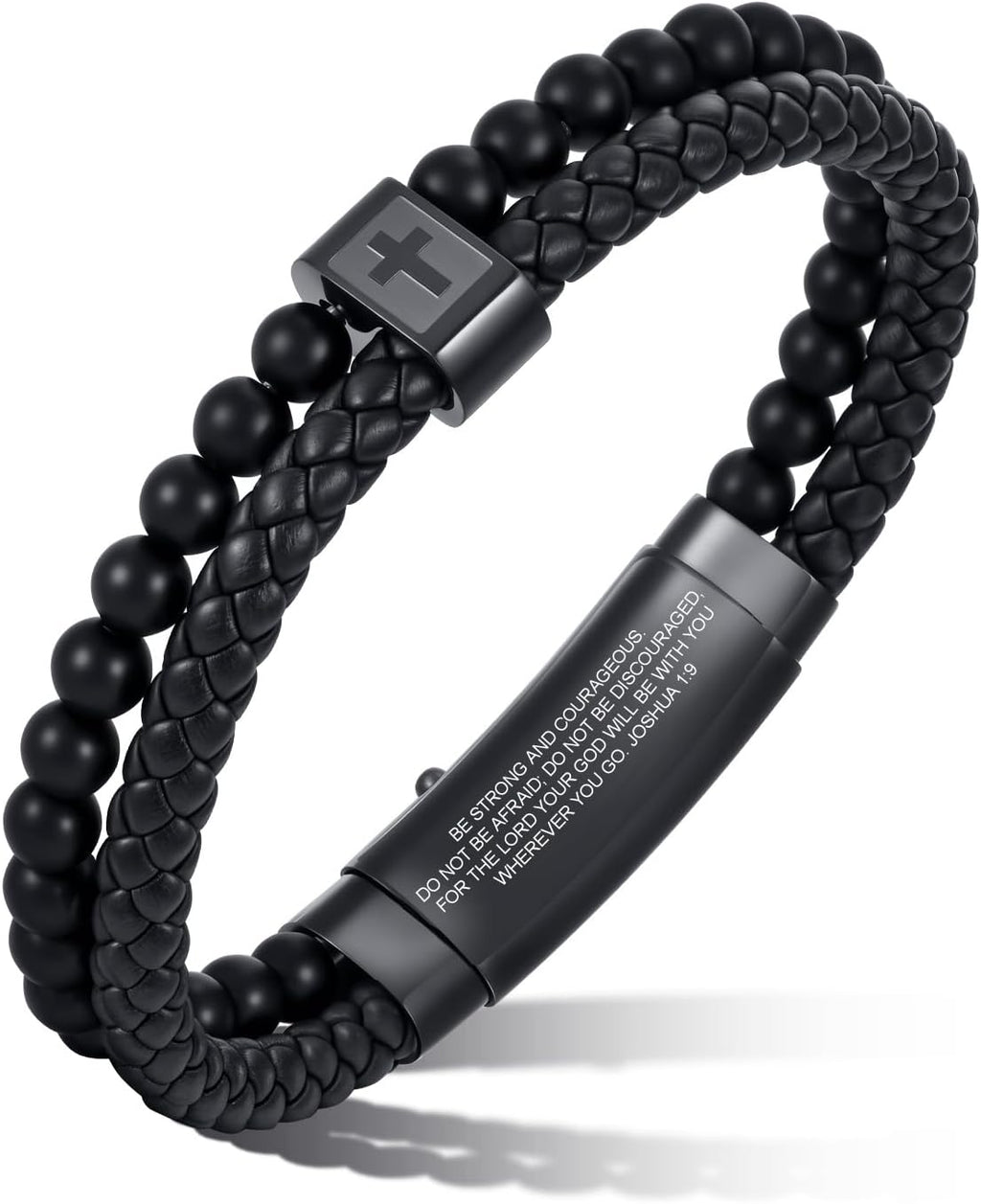 Christian Cross Black Leather Bracelet for Men, Double-Row Braided Leather Cross Bracelet Bible Verse Agate Onyx Beaded Bangle, Adjustable Wristband Faith Religious Christian Jewelry Gift for Men