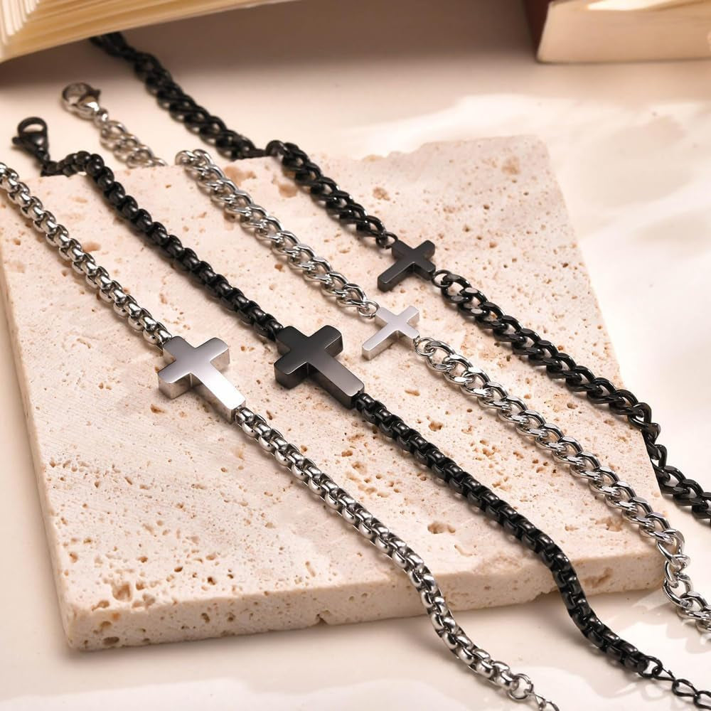 ✝ Cross Bracelet for Men Women Silver Stainless Steel Chain Adjustable Christian Religious Jewelry Gift