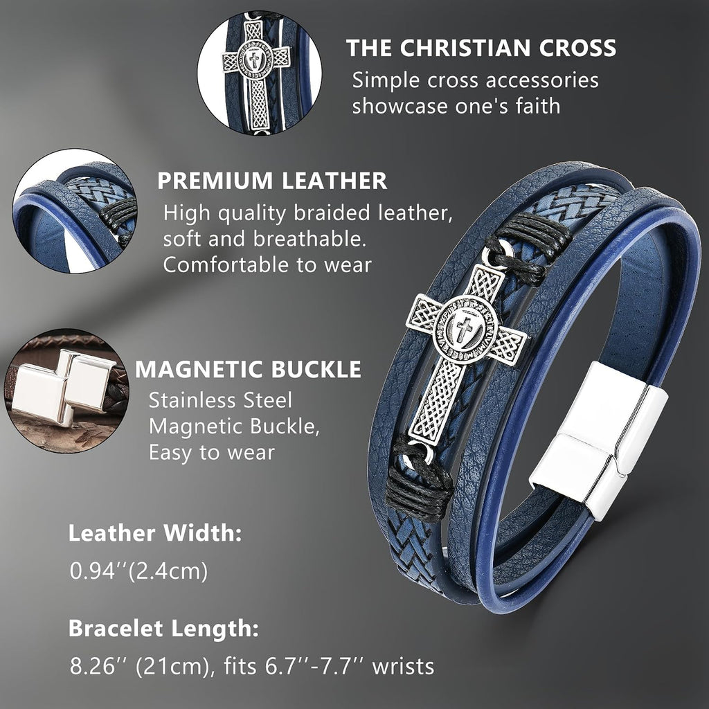 ✝ Men's Vintage Celtic Cross Leather Bracelet Christian Faith Shield Braided Stainless Steel Religious Jewelry Gift