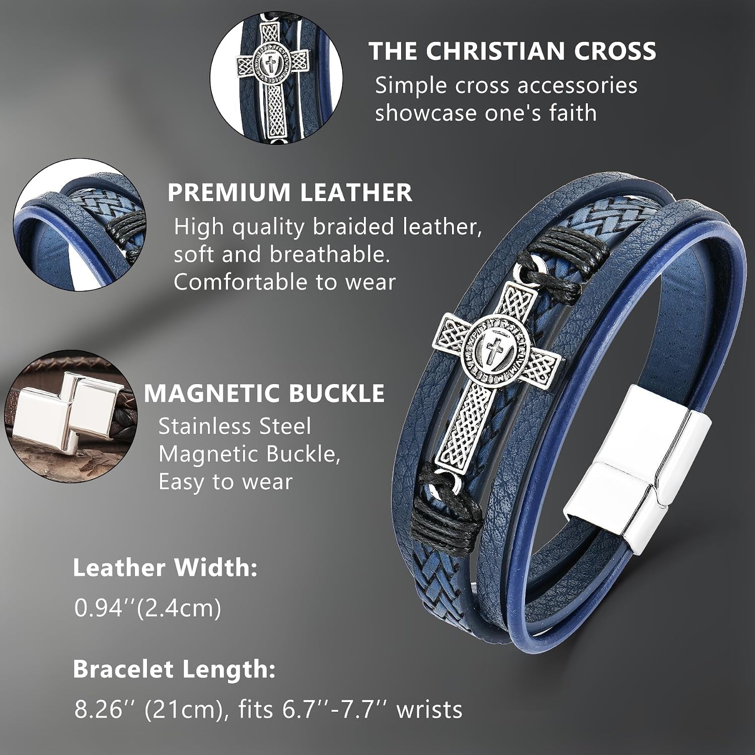 ✝ Men's Vintage Celtic Cross Leather Bracelet Christian Faith Shield Braided Stainless Steel Religious Jewelry Gift