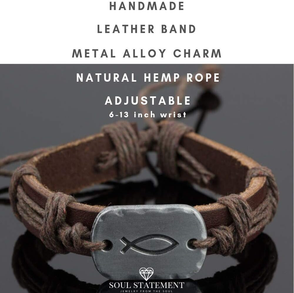 ✝ Men's Jesus Fish Leather Wrap Bracelet Adjustable Christian Faith Confirmation Religious Jewelry Gift