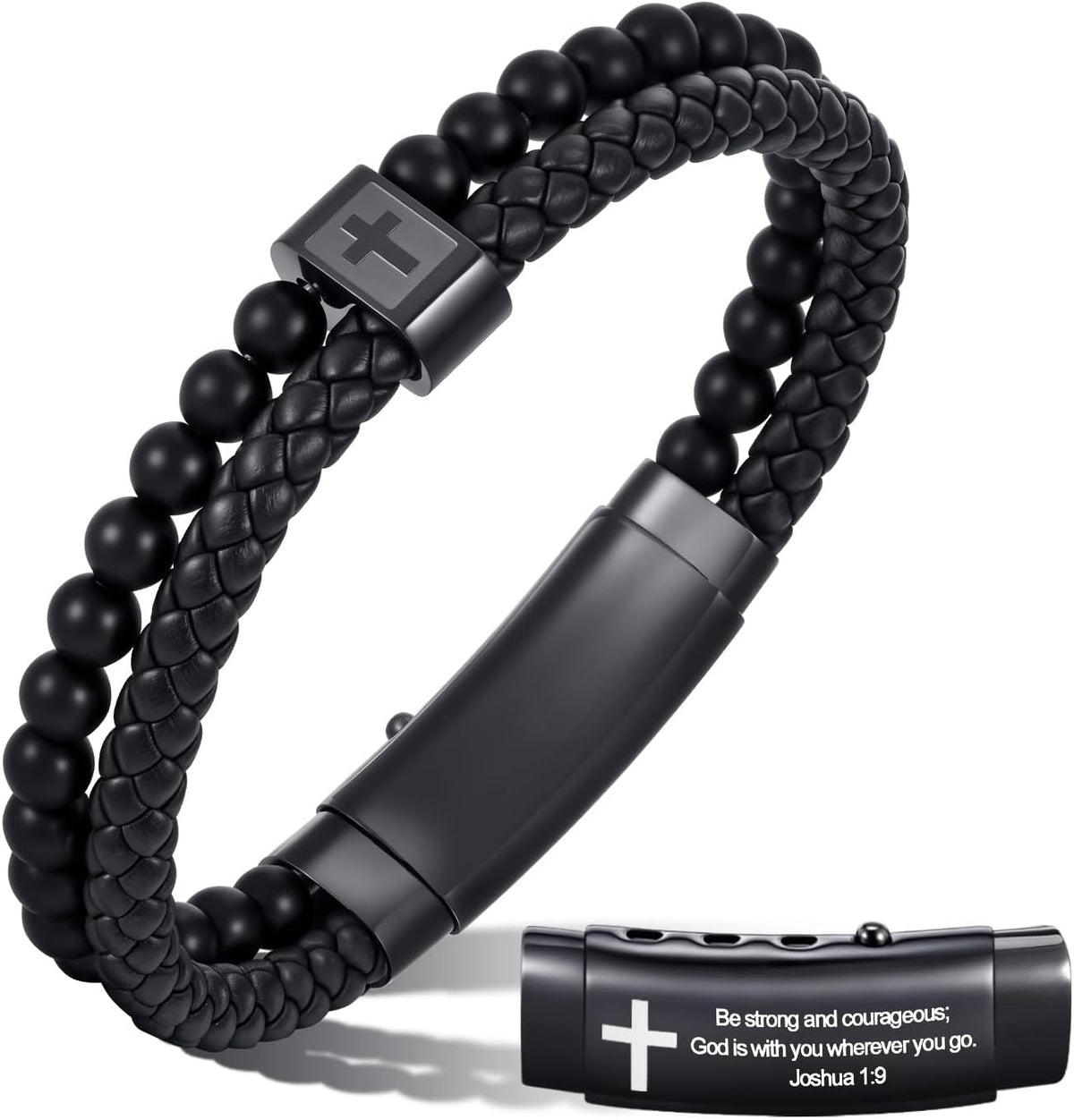 Christian Cross Black Leather Bracelet for Men, Double-Row Braided Leather Cross Bracelet Bible Verse Agate Onyx Beaded Bangle, Adjustable Wristband Faith Religious Christian Jewelry Gift for Men