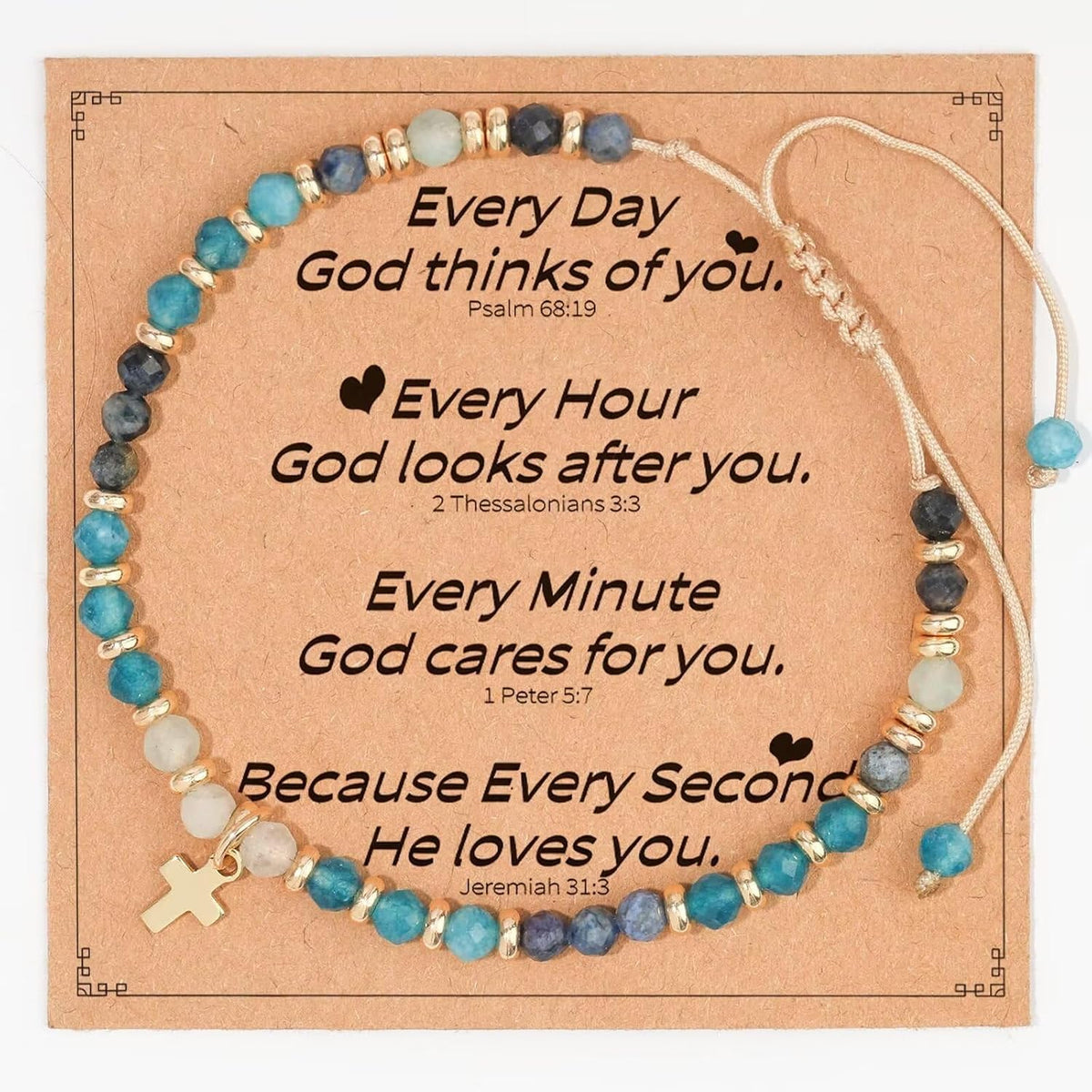 Christian Cross Natural Stone Bracelet Adjustable String Rope Faith Religious Jewelry Gift for Couples Women Men
