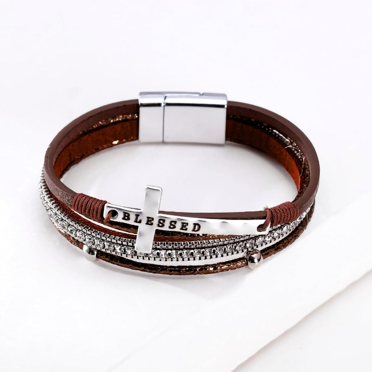 ✝ Women's Brown Leather Wrap Bracelet Boho Western Stacked Cuff Christian Cross Jewelry Gift for Women