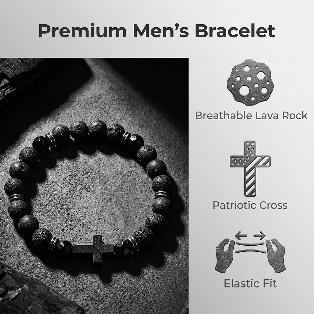 ✝ American Flag Cross Bracelet for Men Patriotic Christian Faith Gift for Dad Husband Veteran