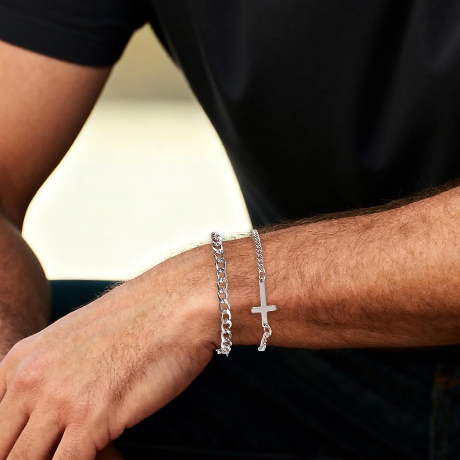✝ 2 Pack Silver Cross and Cuban Link Bracelets for Men Christian Jewelry Gift