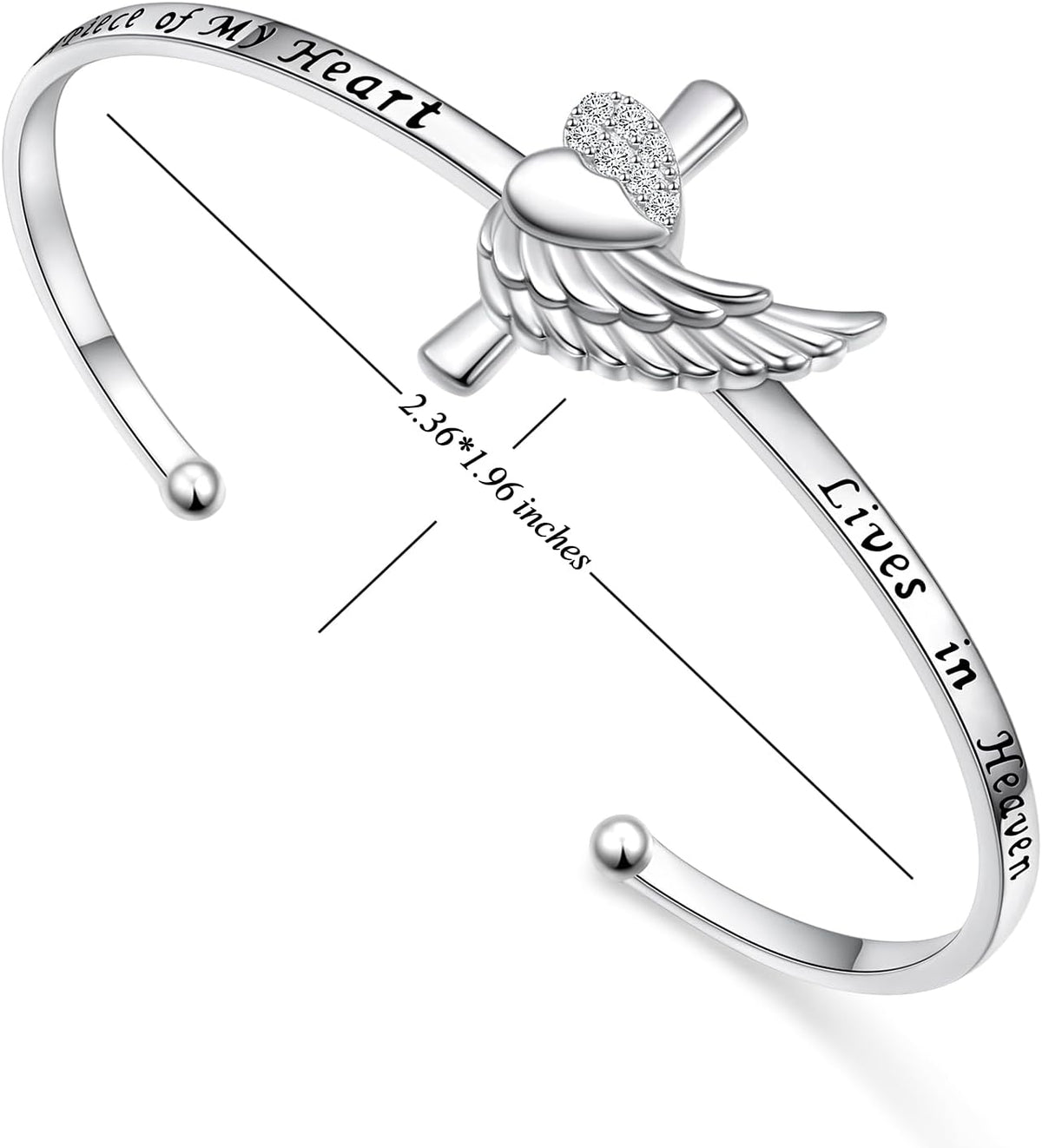 ✝ Angel Wing Memorial Bracelet 925 Sterling Silver Christian Cuff A Piece of My Heart Lives in Heaven Gift