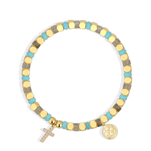 Bracelet with colorful beads and charms on a white background