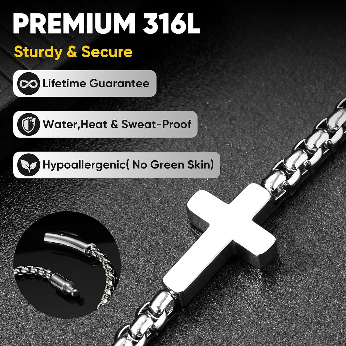 ✝ Men's Christian Cross Bracelet, Stainless Steel Rolo Chain Faith Jewelry Religious Gift