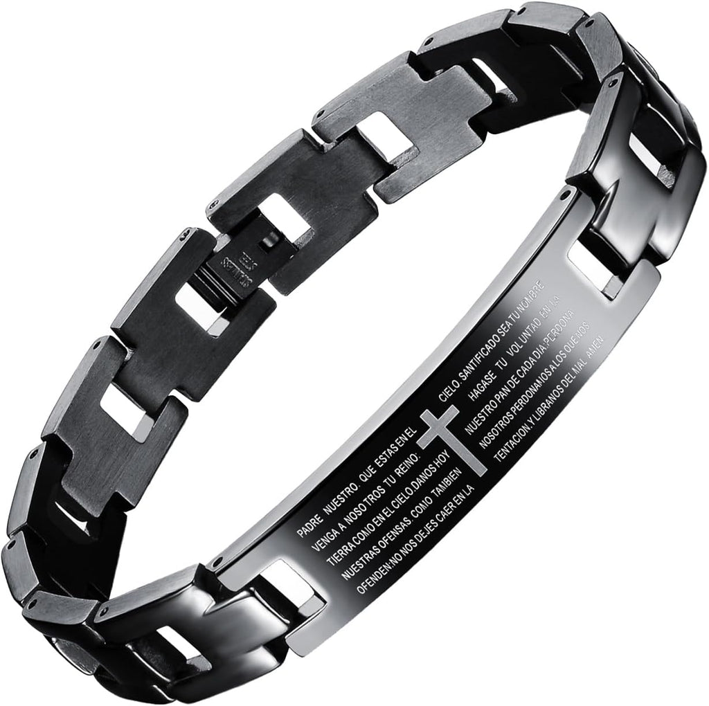 ✝ Spanish English Lord's Prayer Cross Bracelet for Men, Christian Bible Scripture Faith Jewelry