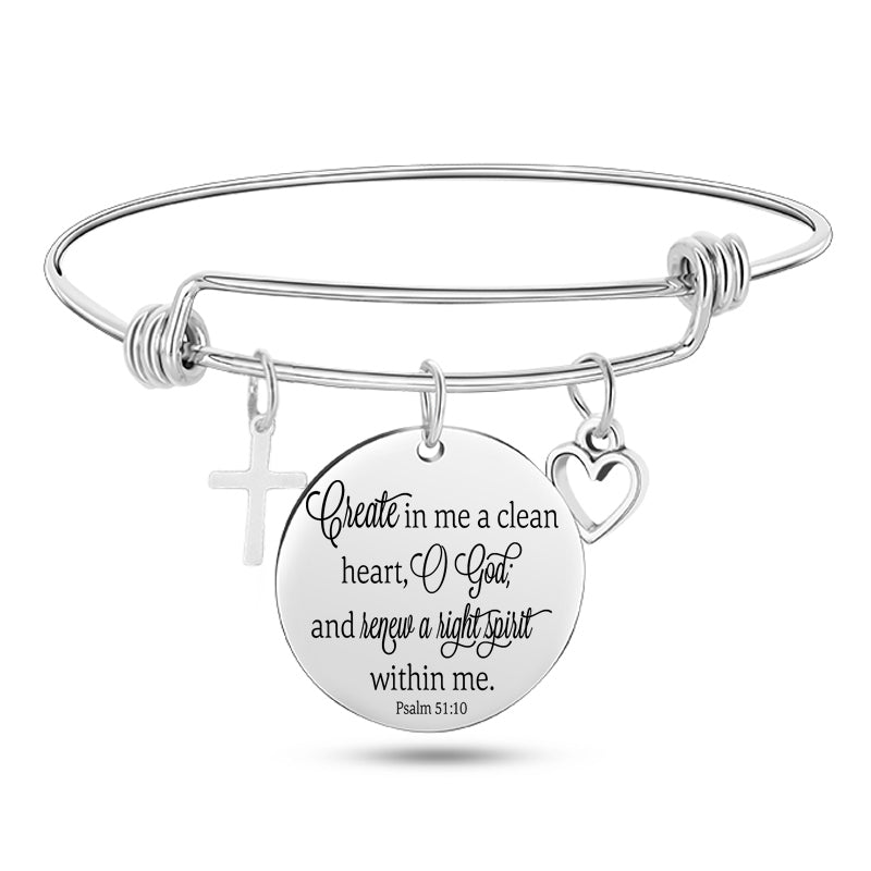 Silver bracelet with a circular charm featuring a religious quote on a white background