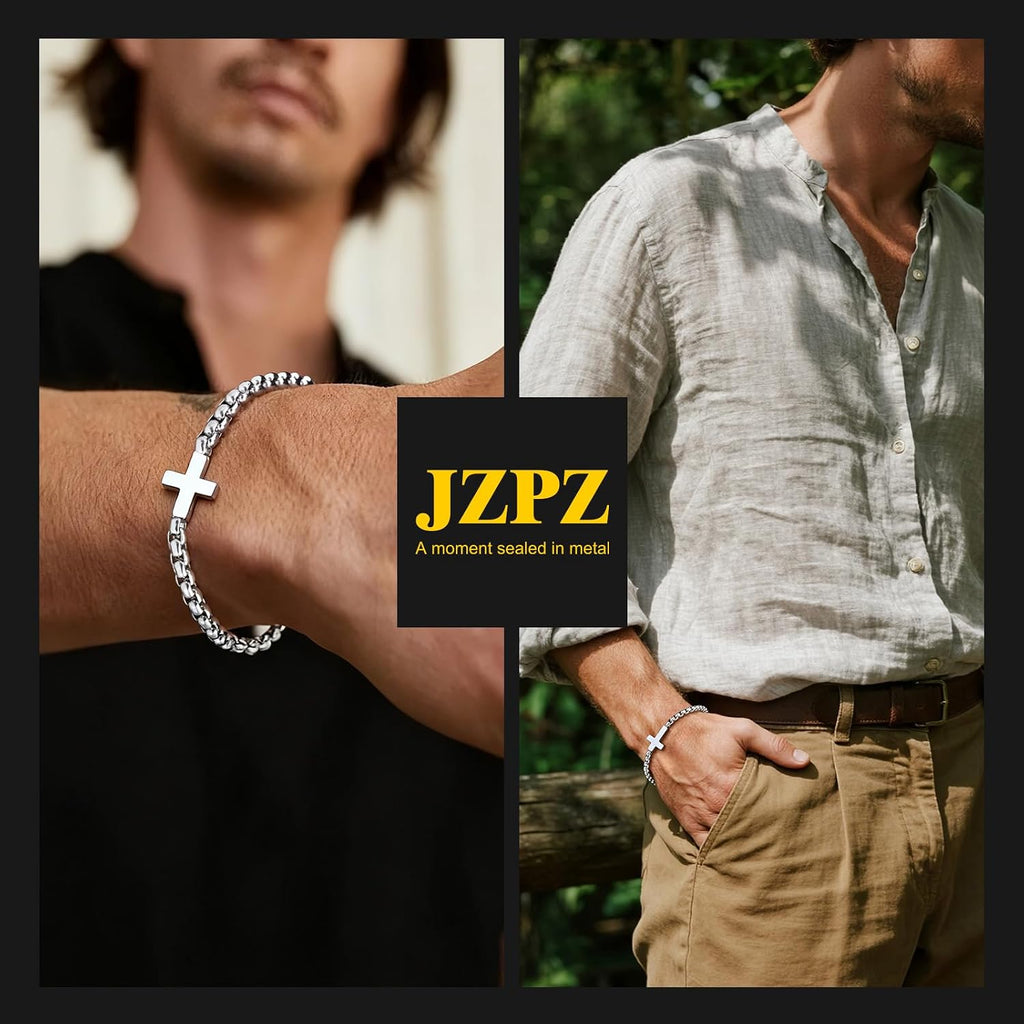 ✝ Men's Christian Cross Bracelet, Stainless Steel Rolo Chain Faith Jewelry Religious Gift
