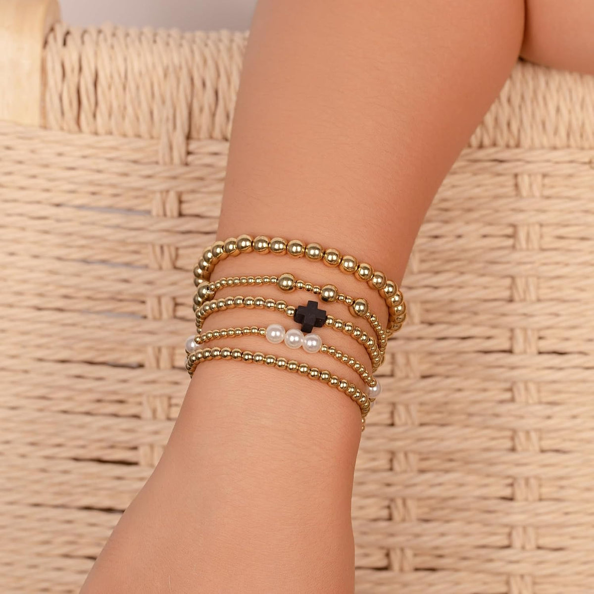 Gold Beaded Pearl Cross Bracelet Set 5-Piece Christian Stretch Jewelry Stackable Faith Gift for Women
