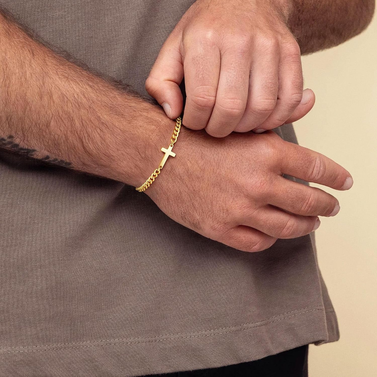 ✝ Men's Gold Cross Bracelet Cuban Link Christian Faith Stainless Steel Religious Jewelry Gift