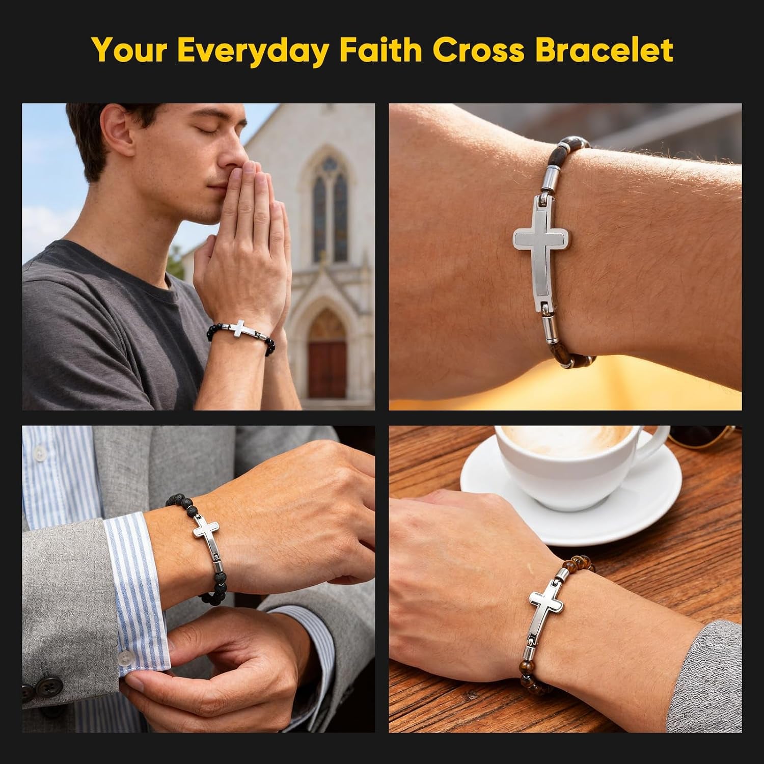 Christian Cross Bracelet for Men : Tiger Eye/Black Agate/Lava/Wood Bead Bracelets,Adjustable Stainless Steel Religious Cross Chain,Mens Jewelry Gift for Birthday Anniversary Boyfriend Husband Dad Him