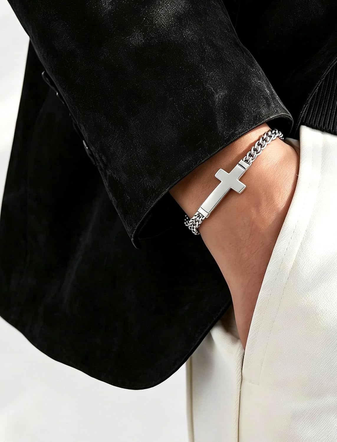 ✝ Men's Stainless Steel Cross Link Chain Bracelet 6mm Christian Faith Religious Jewelry Gift for Dad Husband Son